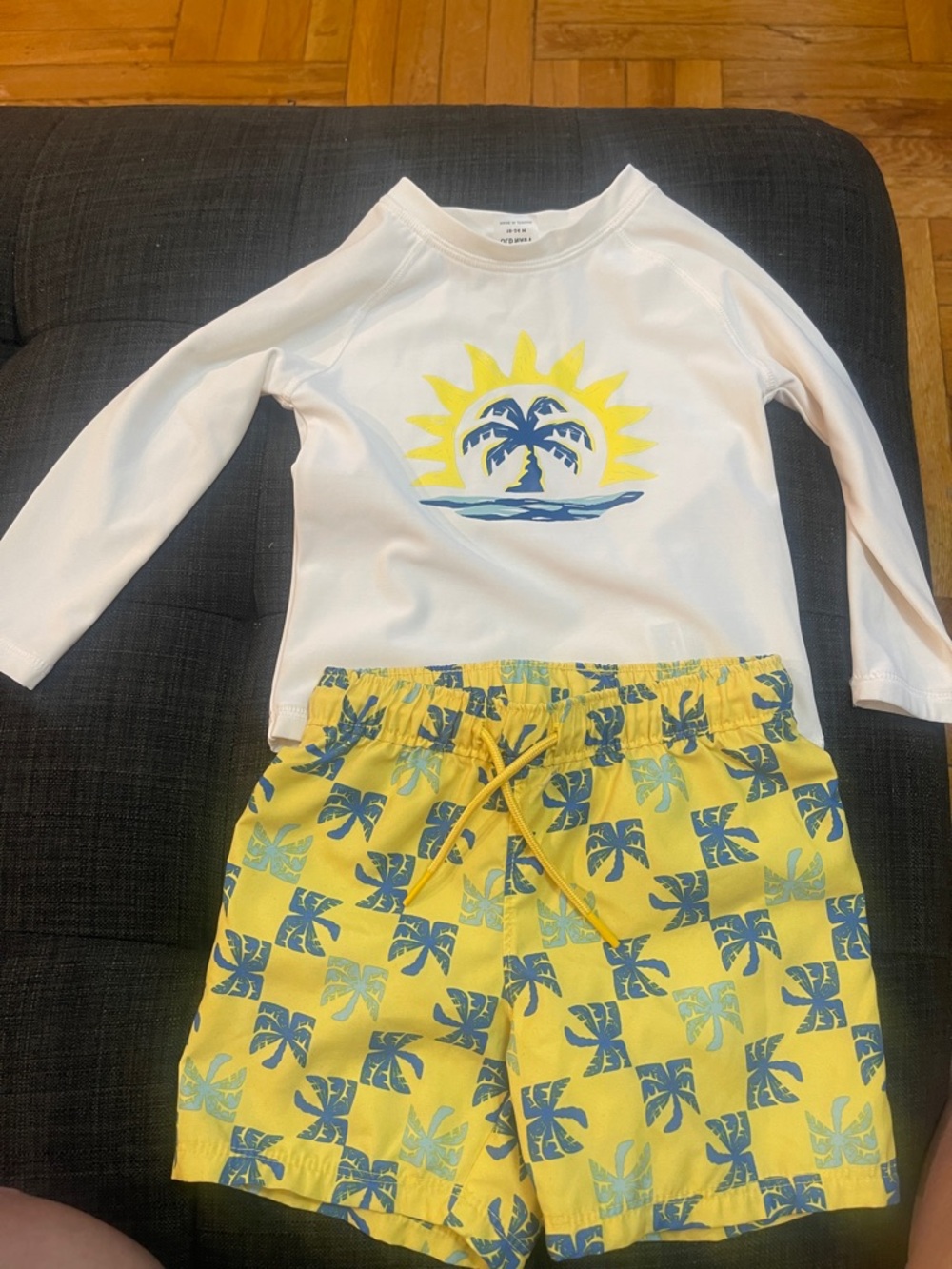 Old Navy White Rash Guard with Yellow & Blue Palm-Print Swim Trunks